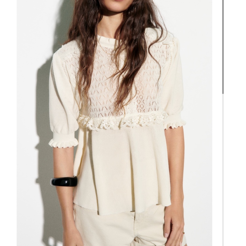 Zara ecru cream pointelle and lace knit top NWT